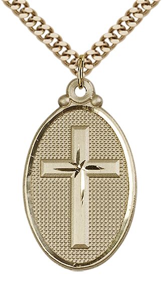14KT GOLD FILLED CROSS PENDANT ON A CHAIN - 1 1/8" x 5/8"